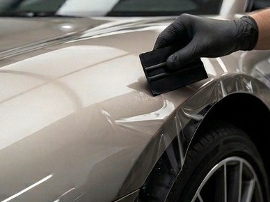 Монтаж плёнки ракелем на крыло автомобиля